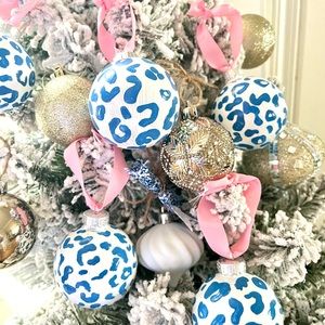 5 Blue White Cheetah Print Ornaments